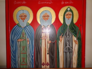 Икона преподобных Сергия Радонежского, Серафима Саровского и Иова Почаевского. Древнее грузинское письмо. Дар грузинской общины Эдмонтона Кафедральному Собору св.Варвары.